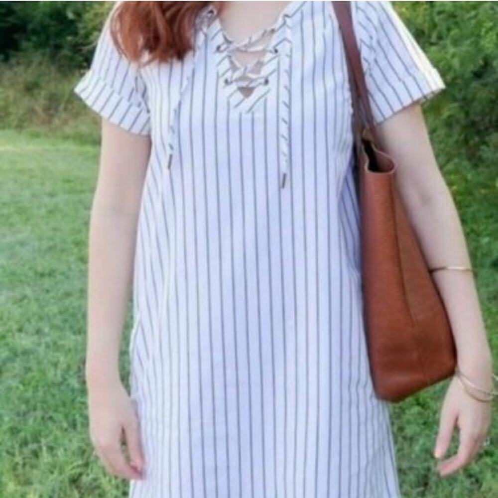 Madewell Harbor Lace-Up Neckline Minimalist Normcore Capsule Short Sleeve Dress - Picture 2 of 11